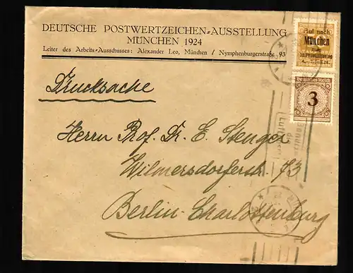 Drucksache Postwertzeichen Ausstellung 1924 an Prof. Stenger, Berlin, Aufdruck