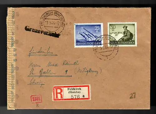 Einschreiben Feldkirch/Vorarlberg/Rheintal 1944 in die Schweiz - GRENZVERKEHR