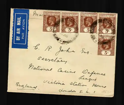 Penang 1936, air mail to London/Angleterre