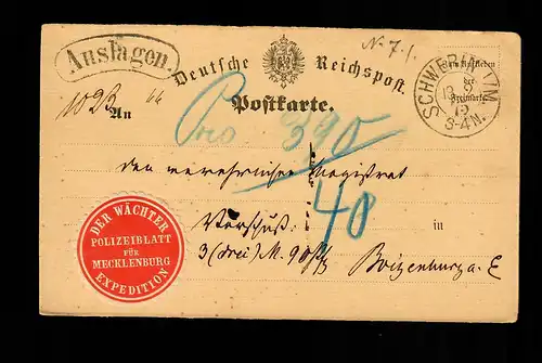 Postkarte Schwerin 1875, nachverwendeter Stempel