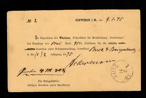 Postkarte Schwerin 1875, nachverwendeter Stempel