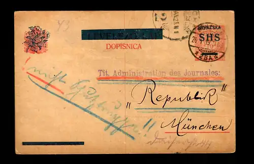 Post card 1919 Zagreb - Agram vers Munich