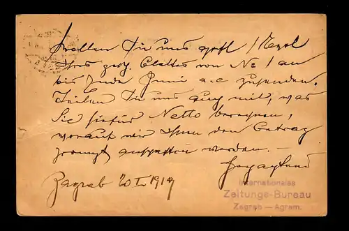 Post card 1919 Zagreb - Agram vers Munich