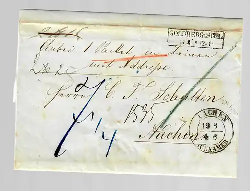 Lettre d'accompagnement de colis Goldberg/Silésie vers Aachen 1854