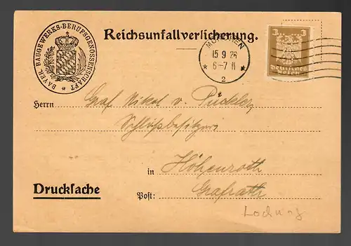 1926 Drucksache Postkarte PERFIN, München B-B-B nach Höhenroth