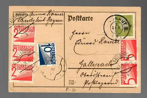 Carte postale 1932 de Landshut à Gallspach, Österr. Après-porto, cachet de réserve