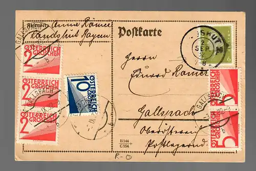 Postkarte 1932 von Landshut nach Gallspach, Österr. Nachporto, Reserve Stempel