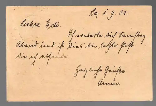 Carte postale 1932 de Landshut à Gallspach, Österr. Après-porto, cachet de réserve