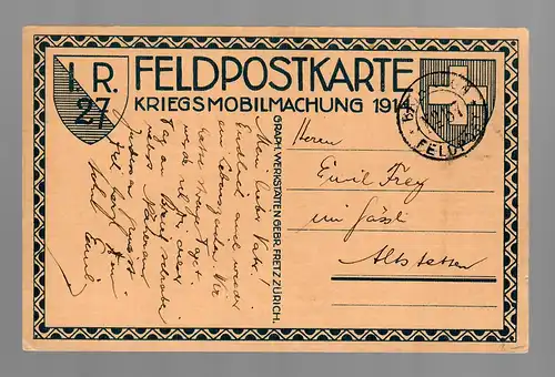 I.R. 27, Feldpostkarte Mobilmachung 1914 nach Altstetten