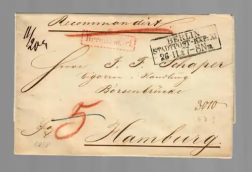 Preussen/Berlin, Einschreiben 1858 Stadtpost nach Hamburg