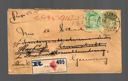 India: registered Madras, Perfin stamps to Germany Harburg/Donauwörth 1919