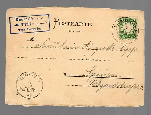 Postkarte Posthilfsstelle Trifels/Annweiler nach Speyer