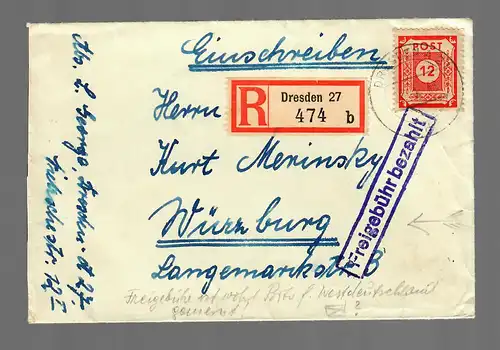 Einschreiben Dresden nach Würzburg: Freigebühr bezahlt 1946
