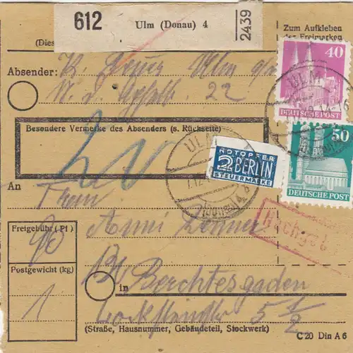 Carte de paquet BiZone 1948: Ulm Danube après Berchtesgaden, supplément, victime d'urgence