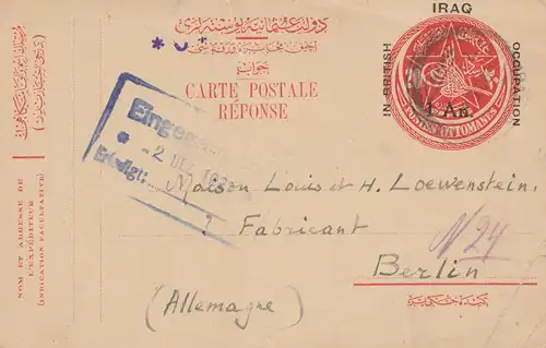 Iraq: 1921: post card Baghdad to Berlin