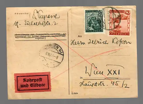 Carte postale Vienne 8.11.46 expédiée comme courrier et courrier express