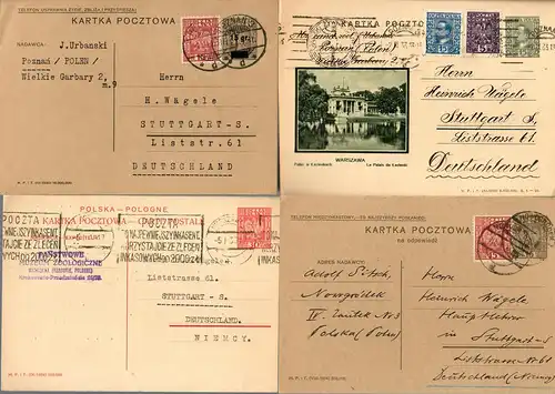 9x polish post carts 1934/1938, Poznan, Warszawa, all to Stuttgart