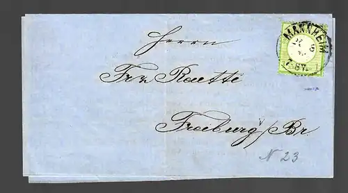 Brief Mannheim 1873 als Drucksache nach Freiburg, Weingeist, Alkohol, MiNr. 23