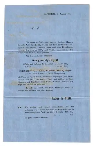 Brief Mannheim 1873 als Drucksache nach Freiburg, Weingeist, Alkohol, MiNr. 23