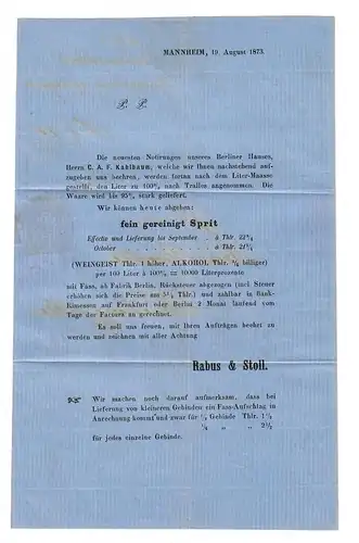 Lettre de Mannheim 1873 comme impression à Fribourg, Weingeist, alcool, Min. 23