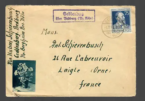 Landpostbrief Geddenberg über Bedburg/Köln 1947 nach Laigle/Orne/Frankreich