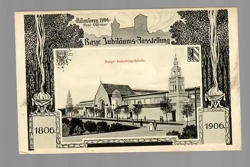 Carte de vue 1906 Nuremberg Jubilé Exposition, bâtiment industriel principal-Werdau