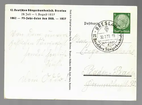 Affaire entière Wroclaw 1937, Singer Bundesfest, Stamp spécial Dt. Songerbund