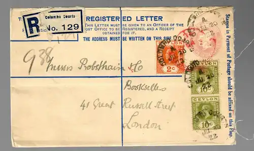 registered letter Colombo Courts to London 1922