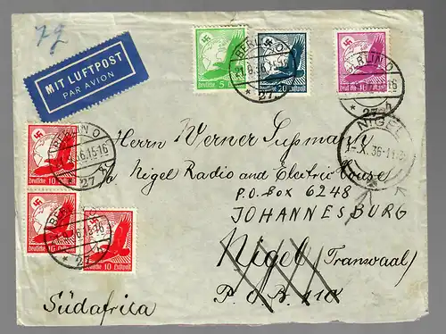 Luftpost Brief nach Südafrika von Berlin 1936