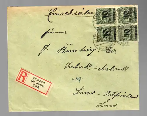 Inflation: Einschreiben Bergkamen/Hamm nach Ostfriesland, MiNr. 336 A, MeF