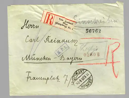Lettland Leepaja: R-Zettel über Ausland/Königsberg nach München 1920