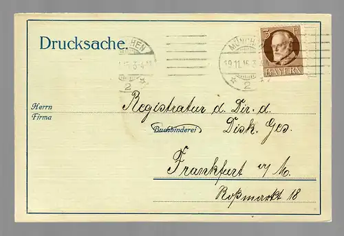 Drucksache Karte 1915 von München nach Frankfurt, Buchbinderei, Vertreterbesuch