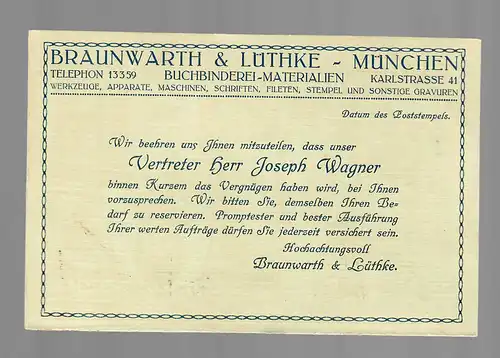 Drucksache Karte 1915 von München nach Frankfurt, Buchbinderei, Vertreterbesuch