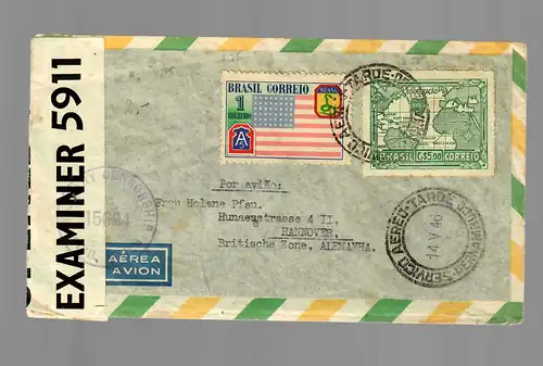 Brazil 1946 via air mail to Hannover, censor