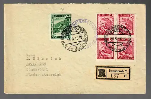Einschreiben Innsbruck 1946 nach St. Pölten, Sonderstempel Theaterwochen/Musik