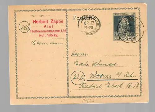 Ganzsache P965,  Kiel 1947 mit Stempel Reichspost nach Worms