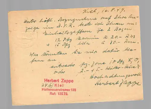 Ganzsache P965,  Kiel 1947 mit Stempel Reichspost nach Worms