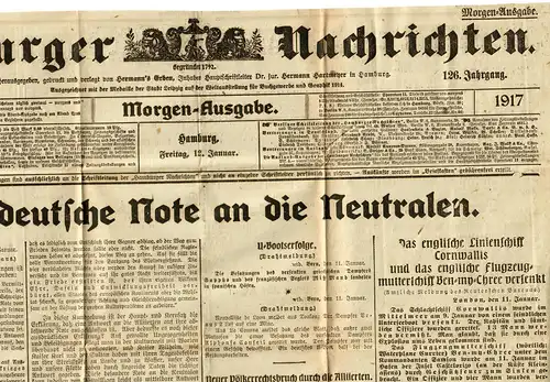 Hamburger Nachrichten 12.1.1917, A3 Größe, gefaltet, viele Infos