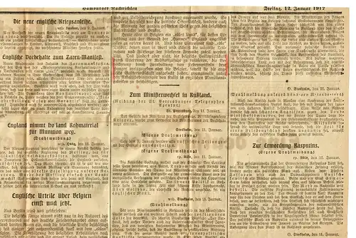 Nouvelles de Hambourg 12.1.1917, A3 taille, plié, beaucoup d'informations