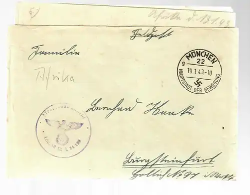 Feldpost 1943 München mit Textinhalt Afrika, FPNr. L34198