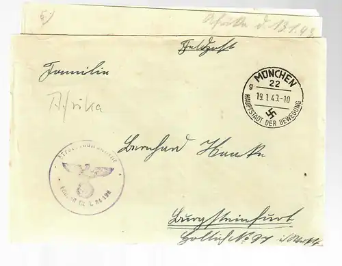 Poste de champ 1943 Munich avec contenu texte Afrique, FPn° L34198