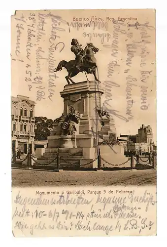 Post card 1911 Monumento Garibaldi, Buenos Aires, Görlitz forwarded