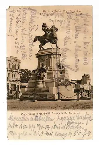 post card 1911 Monumento Garibaldi, Buenos Aires, Görlitz forwarded
