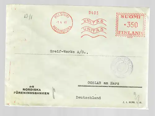 Helsinki 1941 Unitas to Goslar, 2x censor