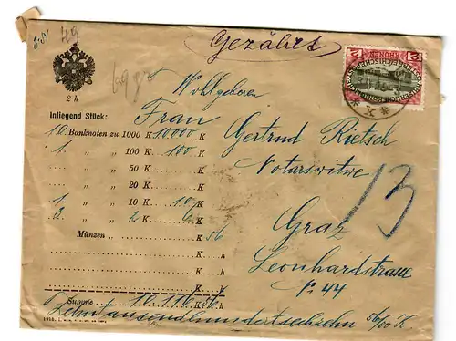 Geldbrief Wien 1915 nach Graz