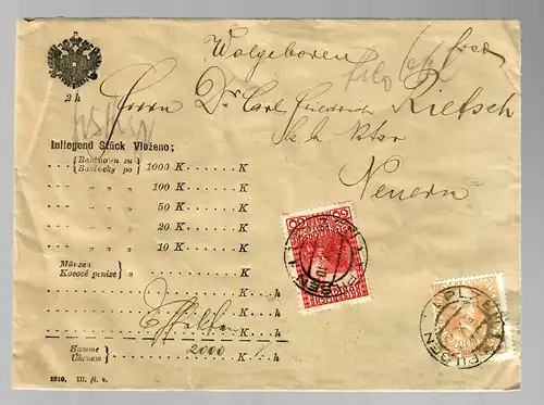 Geldbrief Pilsen 1910 nach Neuern