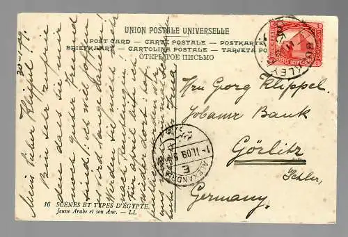 Post card Egyptian Types and Scens, Donkey, 1909 via Alexandria to Görlitz