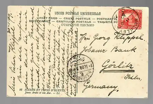 post card Egyptian Types and Scens, Donkey, 1909 via Alexandria to Görlitz