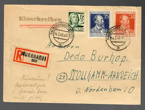 Einschreiben Murrhardt, 1947 nach Stollhamm-Ahndeich an bekannten Philatelisten