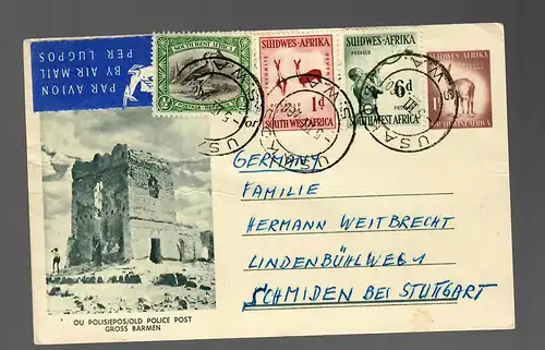 air mail post card Usakos to Schmiden/Germany, old poice post, Gross Barmen